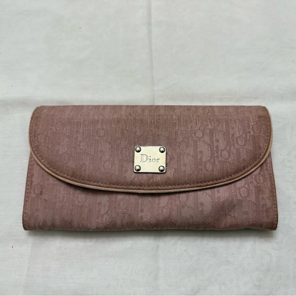 Dior Pink Brown Logo Jacquard Continental Wallet